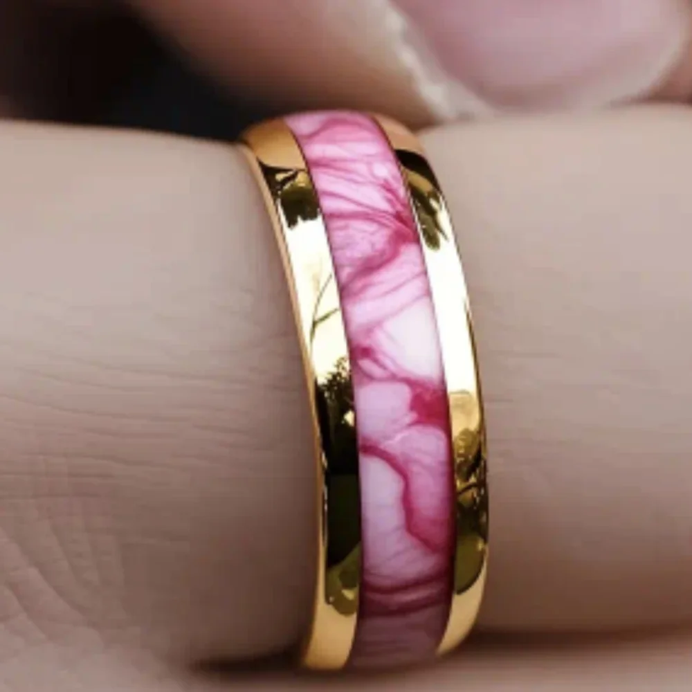 New Pink Marble Titanium Ring | Gold Tone Band | Unique Resin Inlay T2B1C